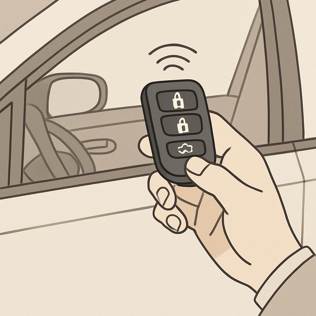 Close-up illustration of a hand holding a car remote control in front of the car window.